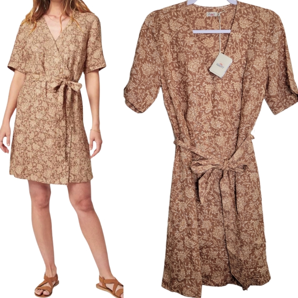 Faherty Earthy‎ Brown Floral Paisley Garden Girl Ashley Linen Wrap Dress S